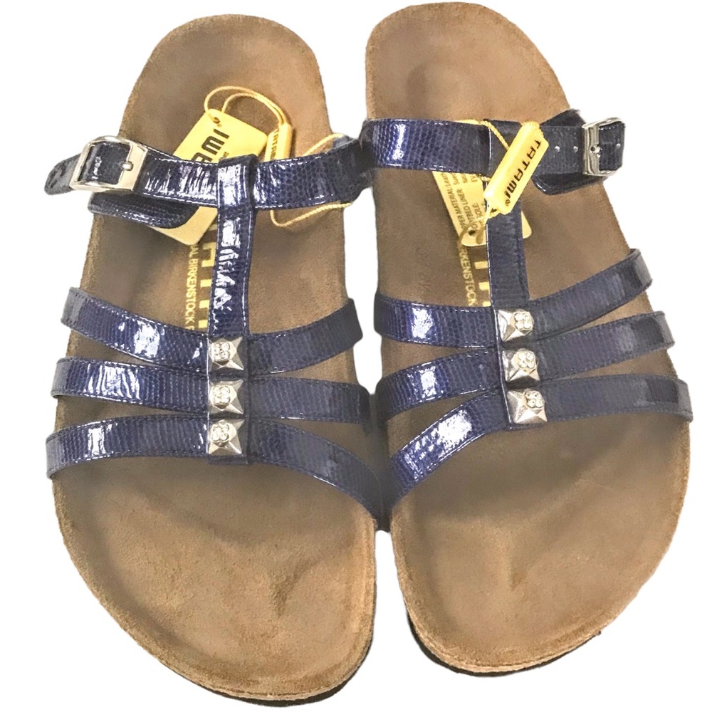 NEW BIRKENSTOCKS Blue Rhinestone Leather Suede Cork Sandals Tatami Size 38 US 7